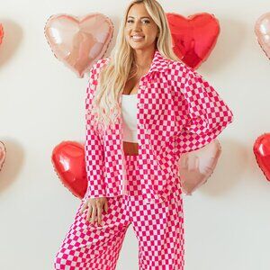 Pink Checkered Buttoned Shirt and High Waist Pants Pajama Set
